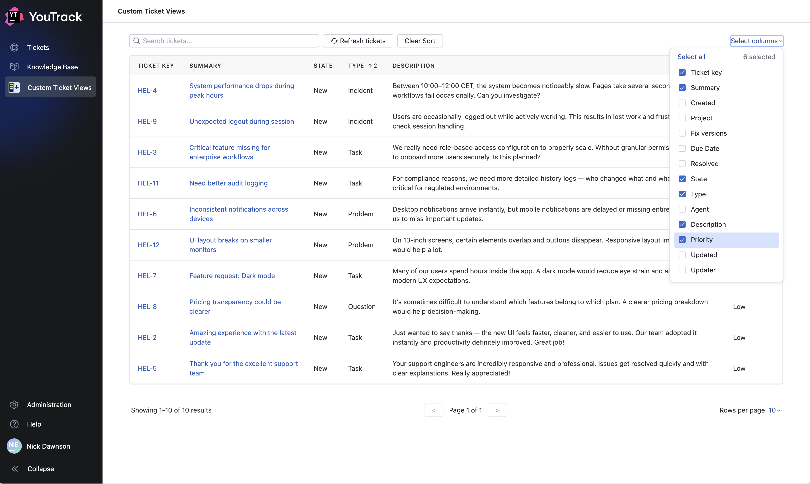 Custom Ticket Views - Table with column selector